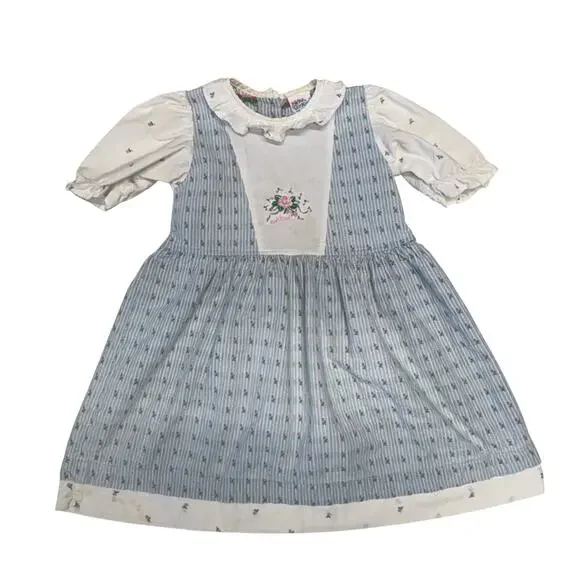 Vintage OshKosh B'Gosh Dress Girls 6 Blue Flowers Cottagecore Classic USA Made