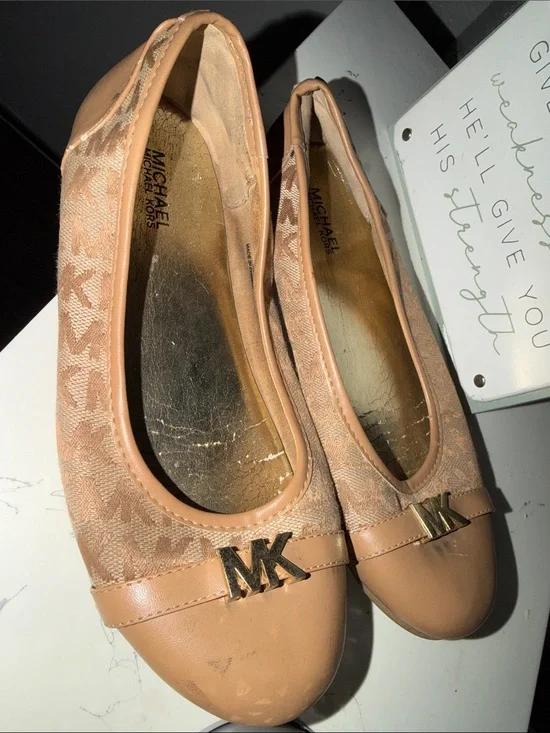 MICHAEL Michael Kors Tan Logo Ballet Flats with Gold MK Accent