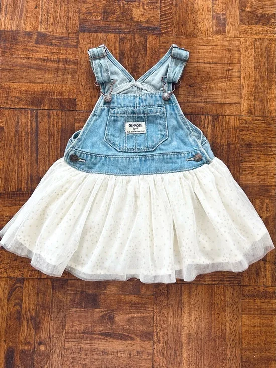 OshKosh B'gosh 18 Months Light Blue Denim Overall Dress with Ivory Tulle Skirt
