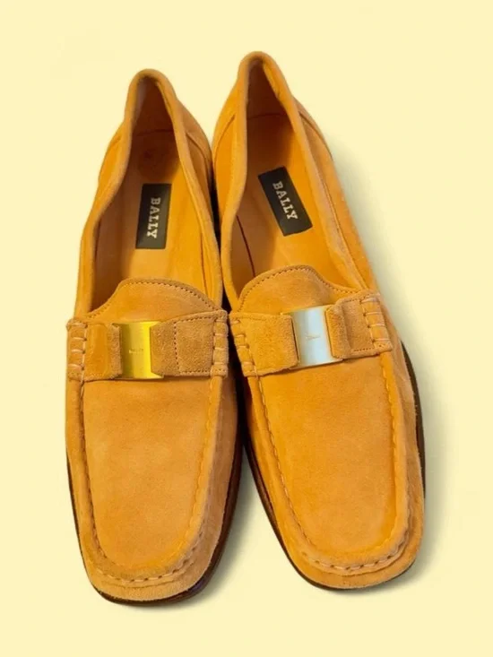 Vintage Bally Mustard Suede Loafers with Gold-Tone Bit