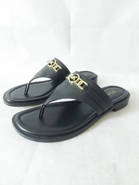 Michael Kors Black Leather Thong Sandals Size 7.5 M T-Strap Flat Comfy Gold Logo