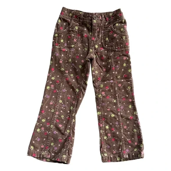 OshKosh B'gosh Girls Brown Floral Corduroy Pants Size 3T Elastic Waist Straight