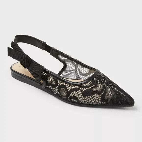 Women's A New Day London Lace Bow Slingback Flats Black Size 8 New With Tags