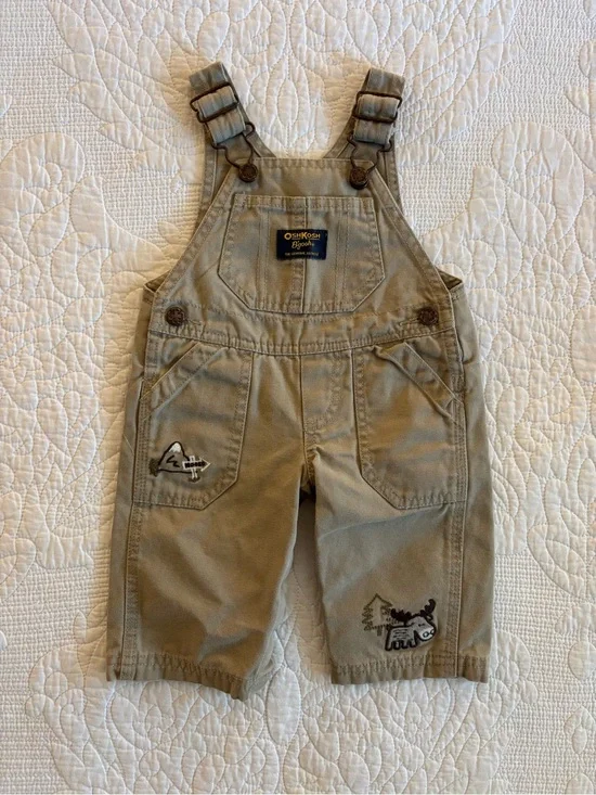OshKosh B'gosh Olive/Tan Toddler Overalls with Animal Embroidery