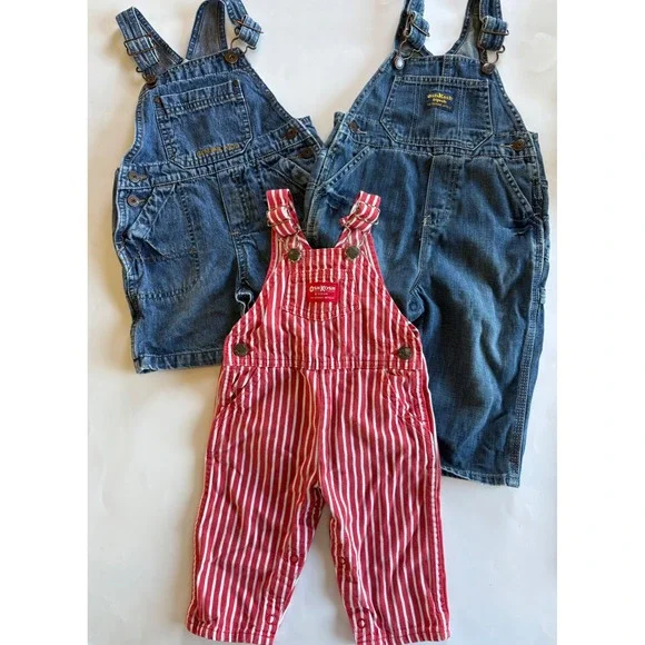 OshKosh B'gosh Toddler Overalls Bundle 18M Denim & Red Striped 3 PC Shortall