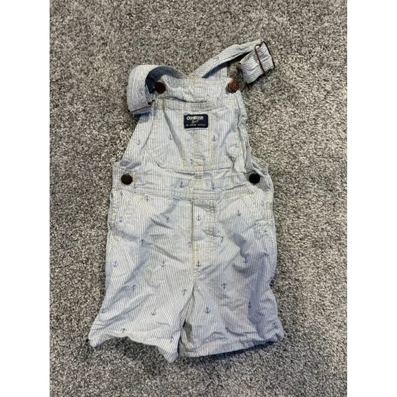 OshKosh Overalls Kids 3T Blue Seersucker Anchor Shortalls Nautical Cotton Bib