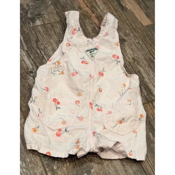 OshKosh Bgosh Baby Girl Cherry Floral Print Pink Shortall Romper Overalls 6-9M