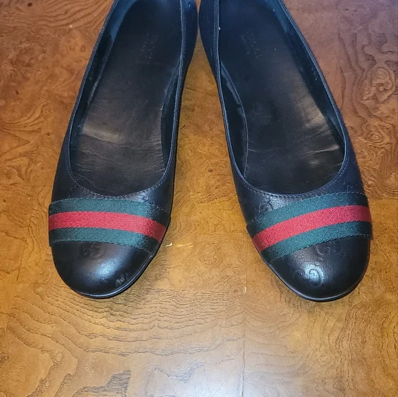 Gucci GG Logo Web Green Red Genuine leather Black Flat Loafers Shoes