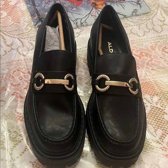 ALDO Black Leather Slip-On Loafers with Gold Bit Detail