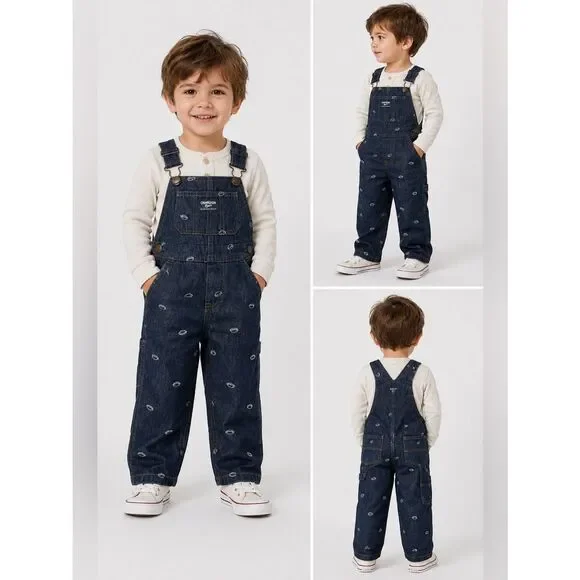 Oshkosh B’gosh Denim Overalls With Embroidered Footballs Size 3T