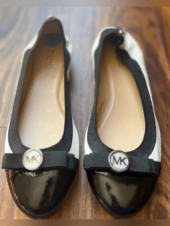 Michael Kors Black and white cap-toe with MK logo bow Leather Ballet Flats 7.5