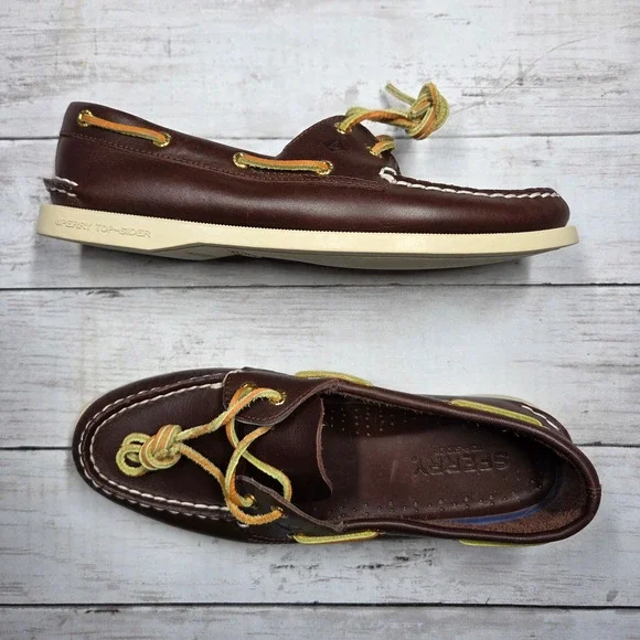 Sperry Authentic Original Boat Shoe Women 8.5 Brown Leather Yellow Orange Laces