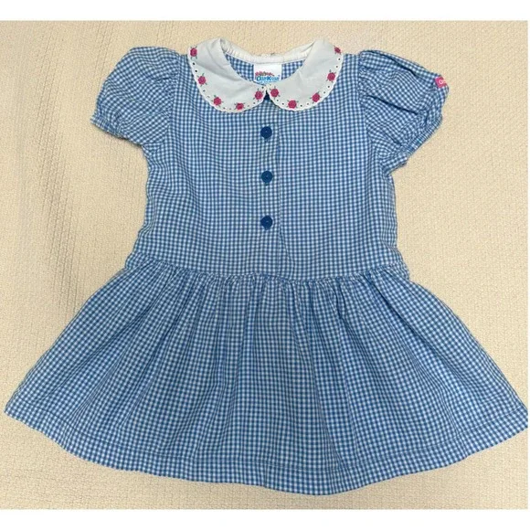 Vintage OshKosh‎ Bgosh Blue Gingham Dress Embroidered Floral Collar USA Girls 2T