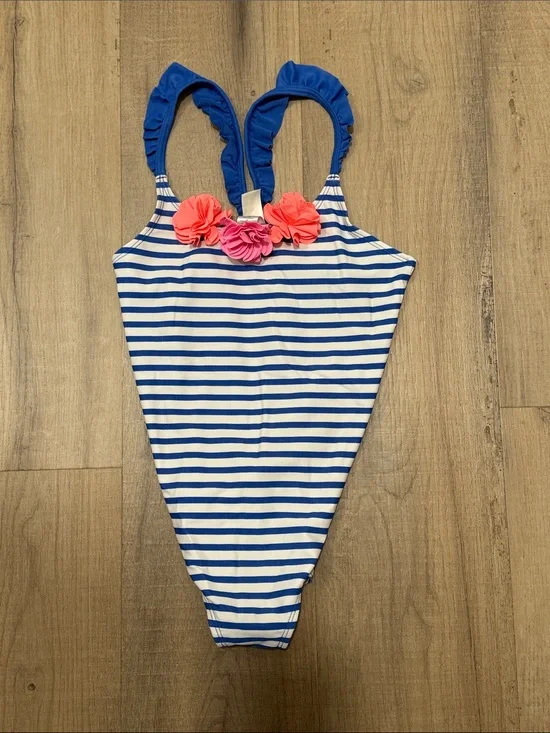 Girls Blue & White Striped One-Piece Swimsuit with Pink Flower Accents