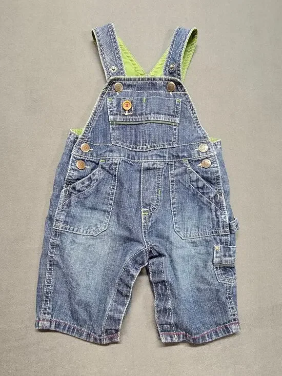 Oshkosh Jean Blue bib overalls short size 6 Months Girls Boys Adjustable Stretch