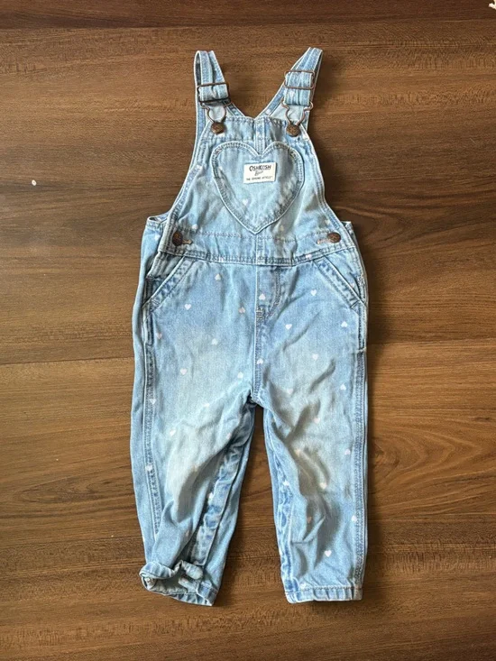 OshKosh B'gosh Light Blue Denim Overalls with White heart polka dots