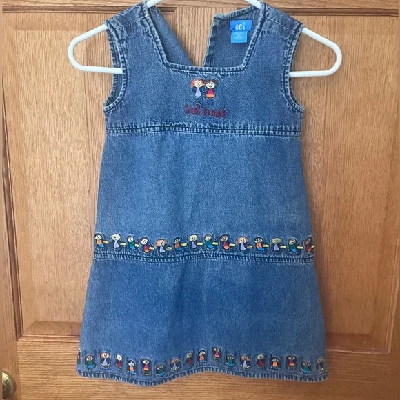 Vintage Best Friends Denim Jumper Dress in Blue with Multicolor Embroidered Trim