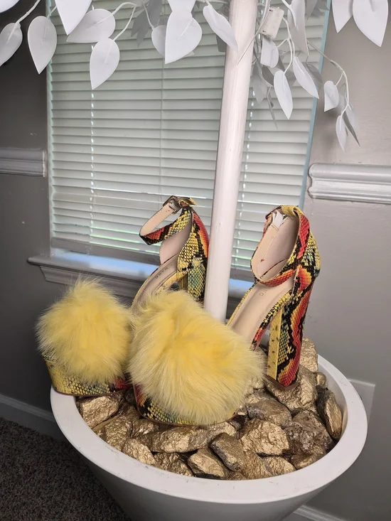 Yellow Snake-Print Platform Heels with Yellow Fur Pom