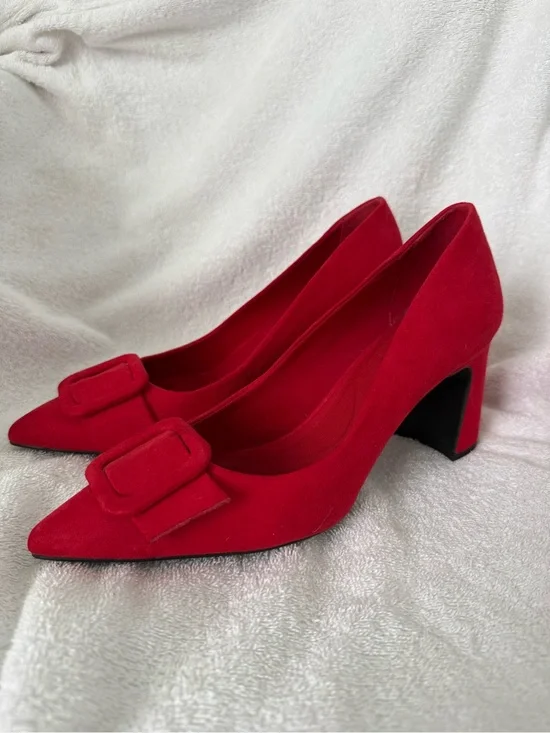 Anne Klein Red Suede Pointed Toe Block Heels with Buckle Accent