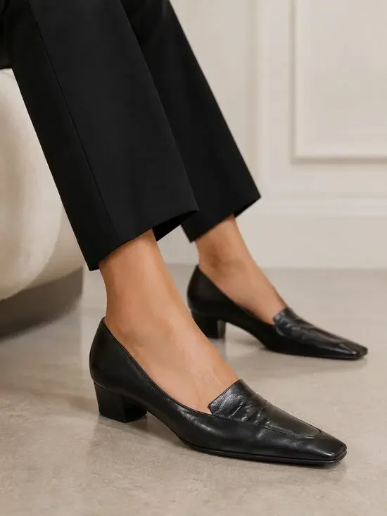 GIORGIO ARMANI black leather low heel squared off point toe heels size 9.5 39.5