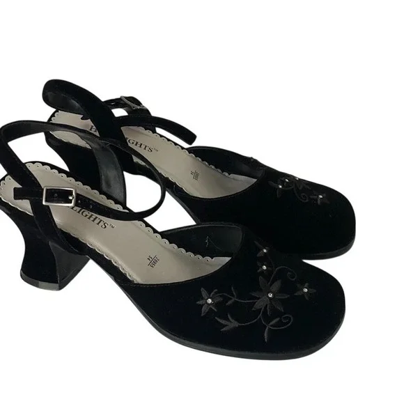 Vintage 1999 Y2K High Lights Kringle Black Velvet Floral Slingback Heels
