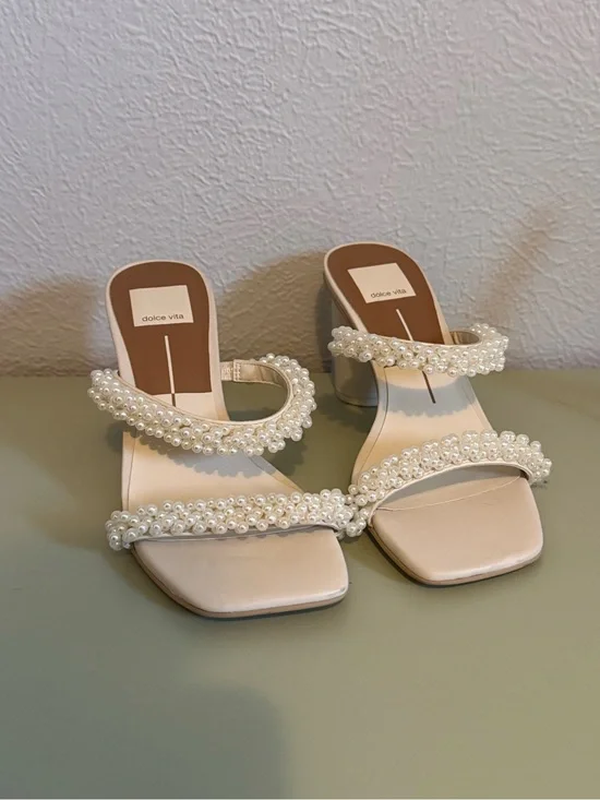 Dolce Vita Ivory Pearl-Embellished Block Heel Sandals