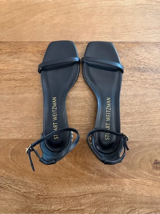 Stuart Weitzman Black Square-Toe Ankle-Strap Sandals