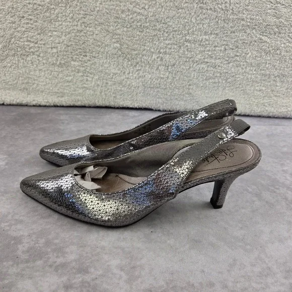 LifeStride Soft System Silver Sequin Slingback Pumps Pointed Toe Kitten Heels 8M