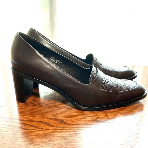 VTG Worthington Embossed Dark Brown Leather Chunky Block Heel Womens 7.5 Y2k