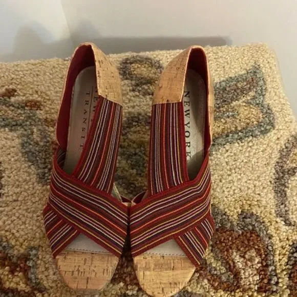 New York Transit cork look heels with multi-color elastic straps, size 10M