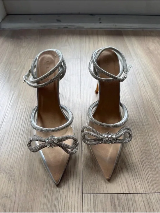 Billini Silver Pointed Toe Ankle-Strap Heels with Crystal Bow