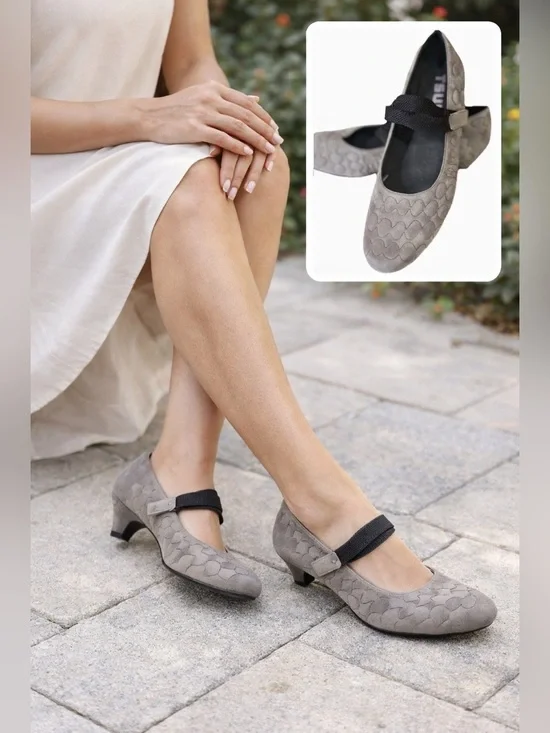 TSUBO Gray Suede Leather Quilted Kitten Heel Sz 8 Anti Slip Mary Jane Juba Pump