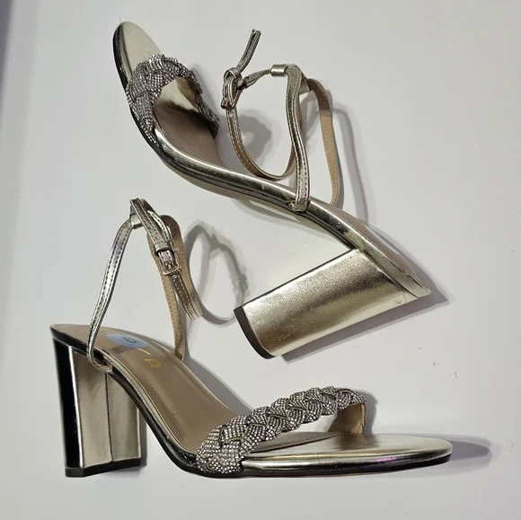 Rhinestone gold braided strappy block heel party shoes size 9