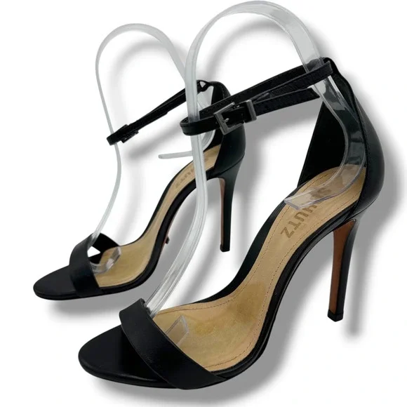 Schutz Cadey-Lee Black Leather Ankle Strap Stiletto High Heel Sandals Mens 8.5B