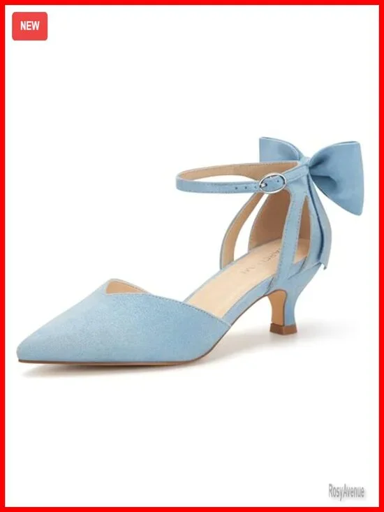 Kitten Heels with Bow Closed Toe Sandals Ankle Strap Wedding Pumps