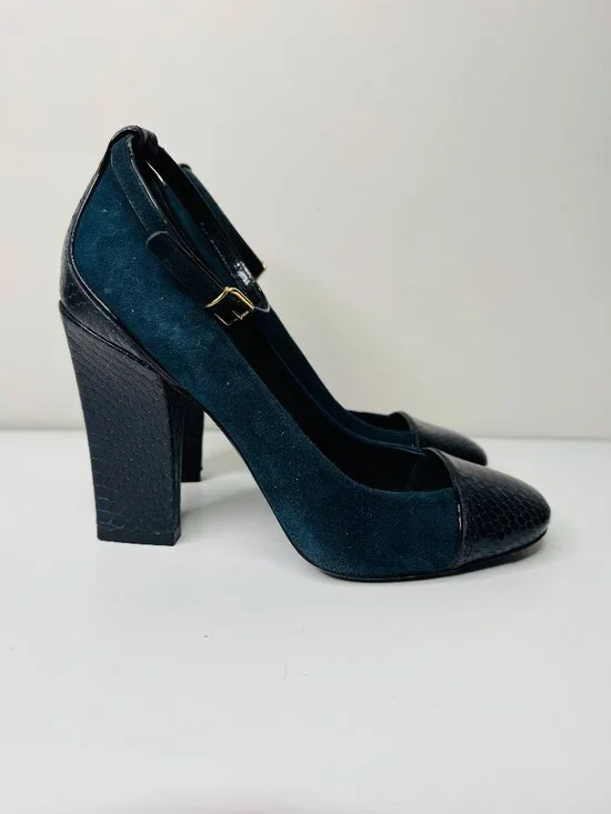 Tory Burch Gracie Blue Suede Leather High Heels Womens 8.5M Adjustable Ankle Str