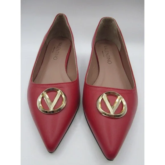 Authentic red leather Valentino pump w/ gold V on toe size 7