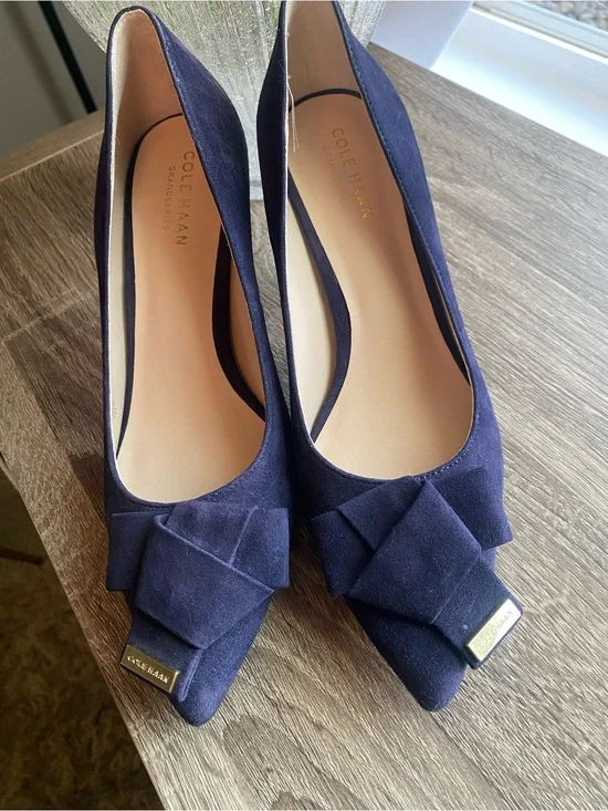 Cole Haan Navy Blue Suede Pointed Toe Heels with Bow
