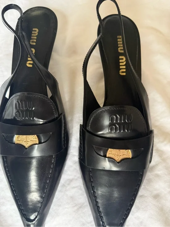 Miu Miu Black Pointed Leather Slingback Penny Loafer Pumps with Gold Penny 40
