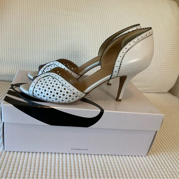 Nine West White Peep-Toe Perforated Leather Heels
