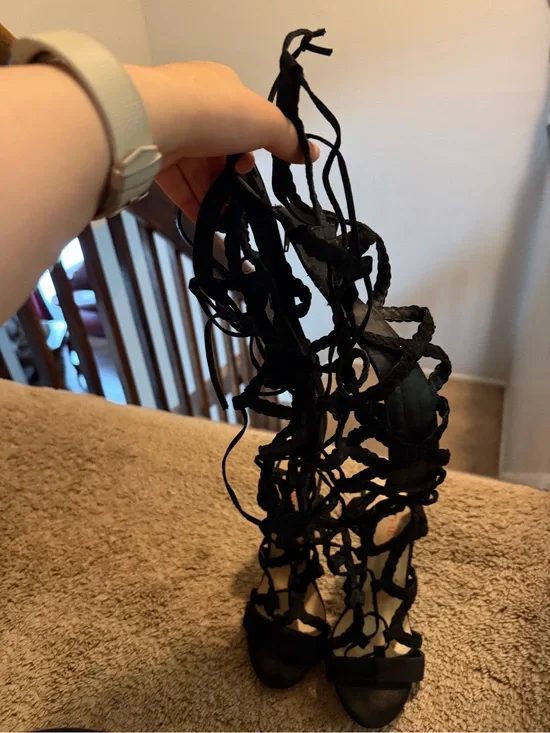 Black Lace-Up Gladiator High Heel Sandals