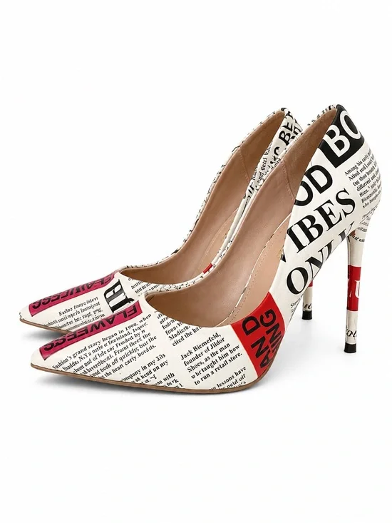 Steve Madden Newspaper-Print Pointed Stiletto Pumps in White, Black and Red