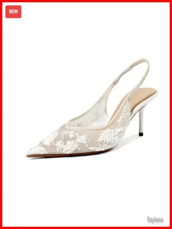Women's Pointed Toe Kitten Heel Mesh Lace Slingback Pumps Wedding Bridal Shoes