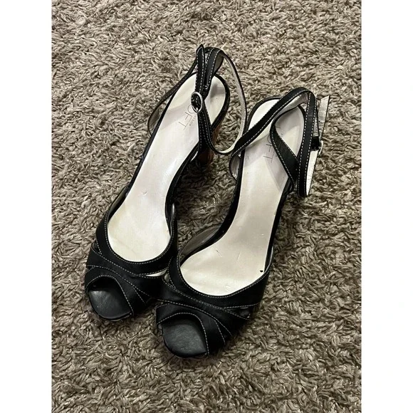 Ann Taylor Loft Women's‎ Heels Black Leather Woven Heel Size 7.5 Very Good Cond!