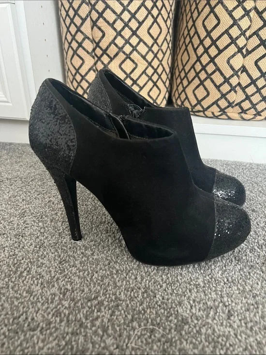 Rampage Black Suede & Glitter Peep-Toe Booties