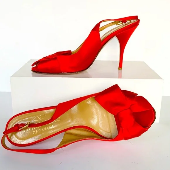 Valentino red satin slingback heels 37.5