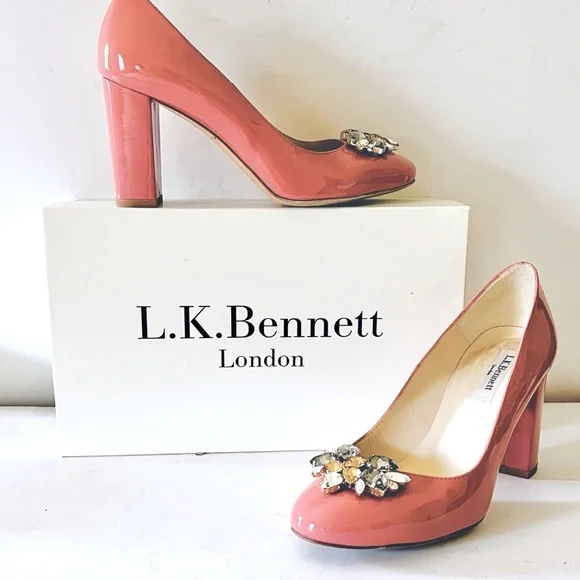 L.K. Bennett coral pink embellished pumps heels 37.5
