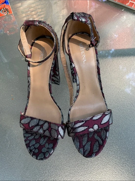 Merona Burgundy and Silver Floral Ankle-Strap Block Heels