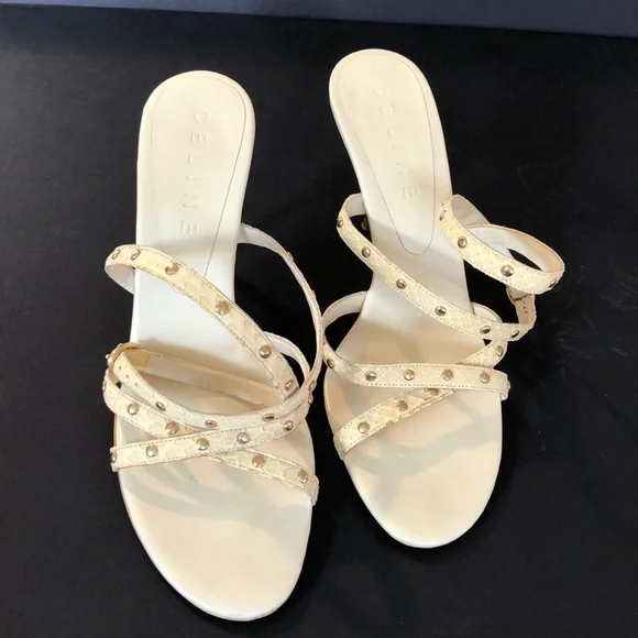 Celine yellow snakeskin gold stud stiletto sandals 37.5