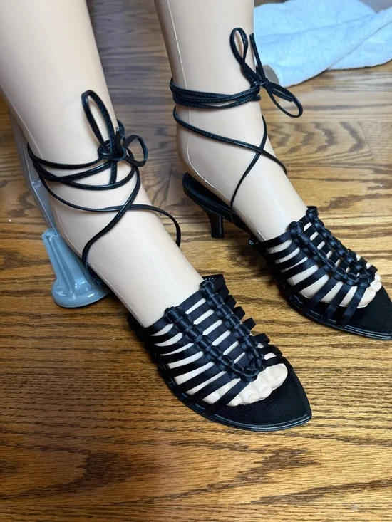 Vintage Robert Clergerie Black Strappy Lace-Up Heeled Sandals